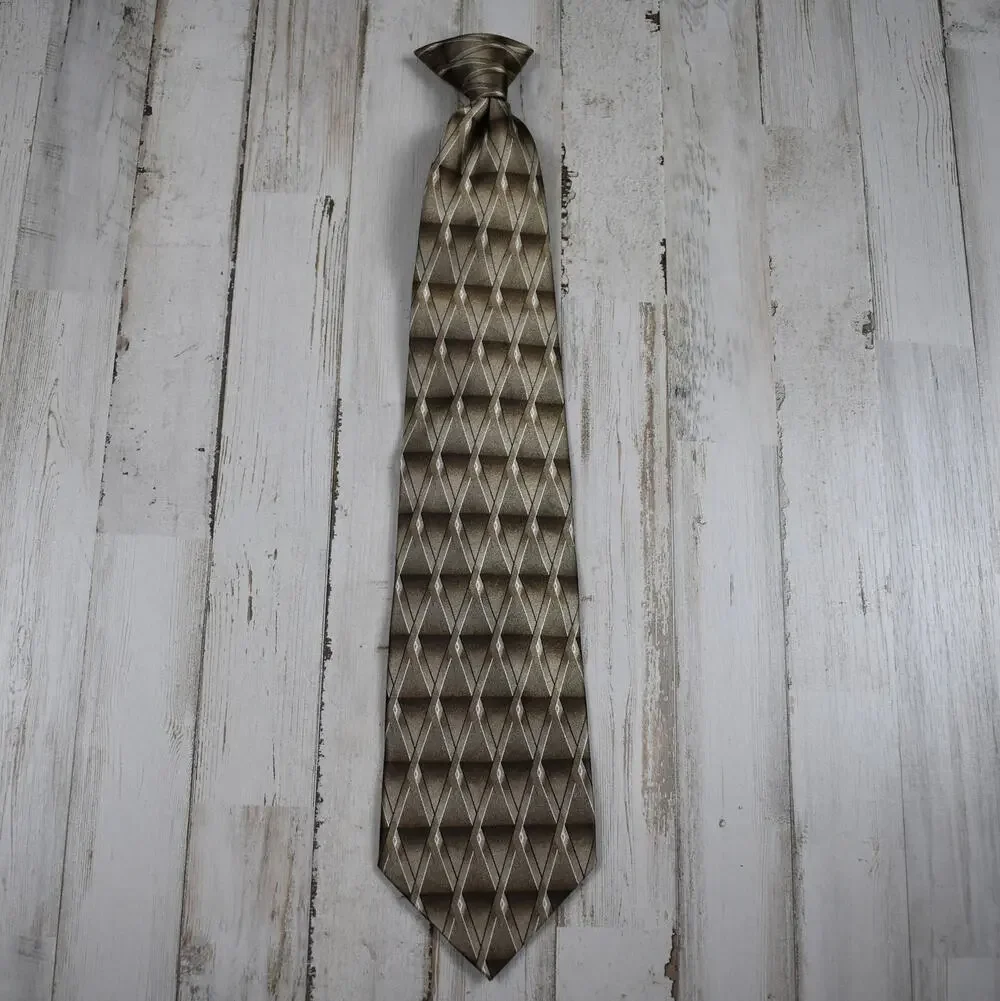 Men's Clip On Neck Tie Dark Beige Diamond Pattern Men's 19